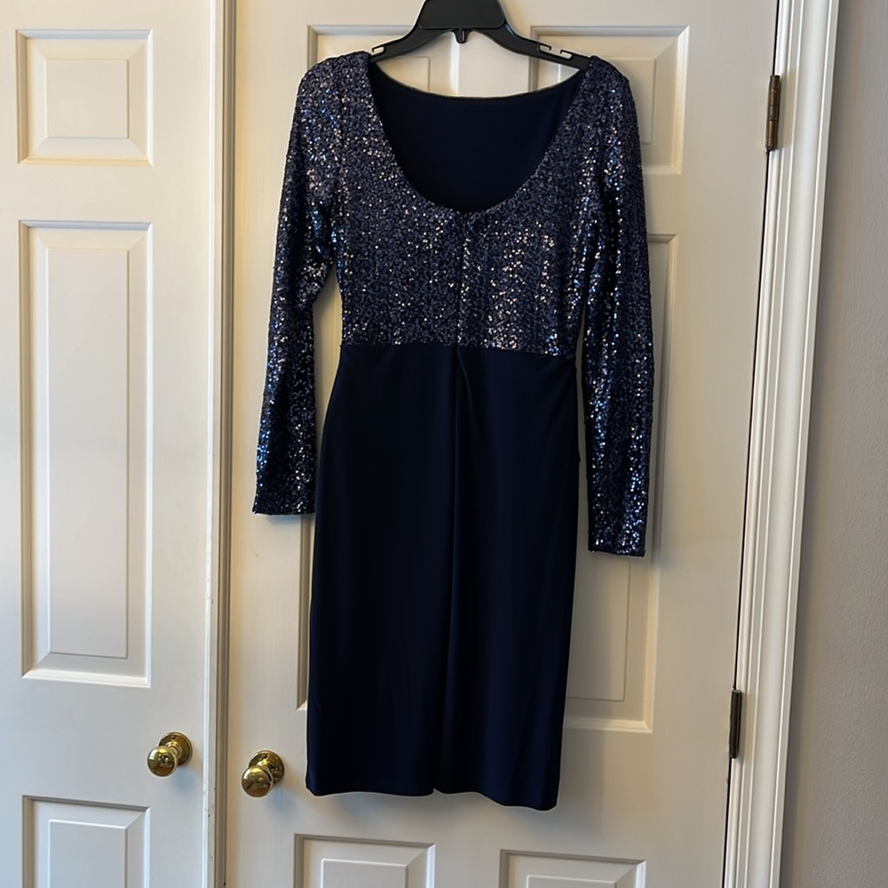 Blue Sequin Long Sleeve Sheath Cocktail Dress - Picture 3 of 4